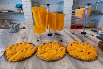 Collection of spaghetti and spaghetti equipment ingredients