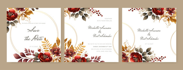 wedding invitation card template with white rose bouquet wreath leave watercolor painting