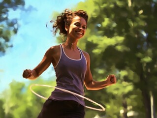 A painting of a woman is playing with a hula hoop. Generative AI image.