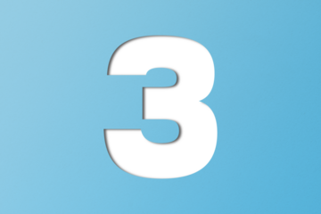 number cut paper 3 light blue colors isolated on transparent background