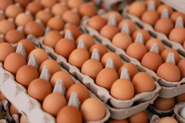 Countless brown eggs packaged up and ready to sell at a farmers market.