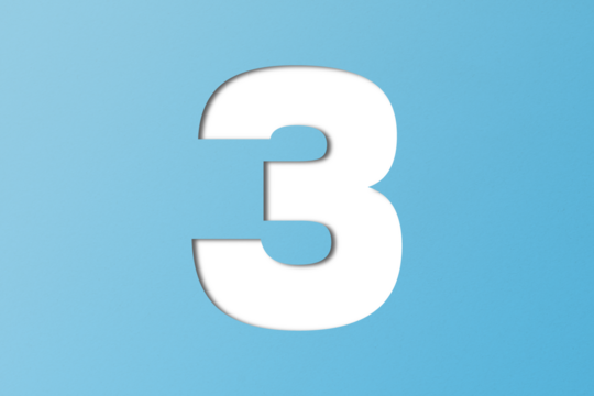 number cut paper 3 light blue colors isolated on transparent background