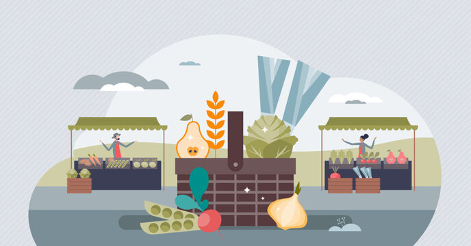 Reducing carbon footprint through daily food choices tiny person concept. Eat healthy and buy local vegetables, roots, fruits and berries from farmers market vector illustration. Nature friendly shop