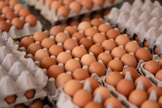 Countless brown eggs packaged up and ready to sell at a farmers market.