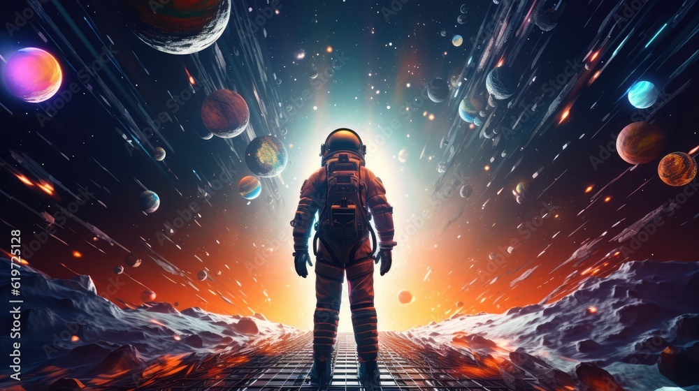 Sticker astronaut exploring deep space