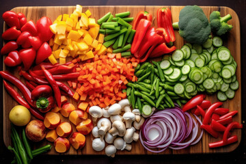 Fototapeta na wymiar Top-down view of an array of fresh vegetables artfully arranged on a wooden cutting board. Generative AI.