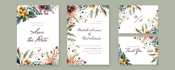 Beautiful watercolor golden flower wedding invitation design template