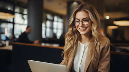 Modern Office Life, Busy Businesswoman's Productivity with a Graceful Smile. generative ai