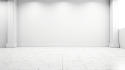 Fototapeta premium White wall empty apartment room with marble floor and walls. Copy space for product placement. Generative AI