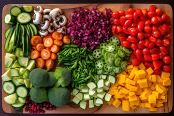 Fototapeta na wymiar Top-down view of an array of fresh vegetables artfully arranged on a wooden cutting board. Generative AI.