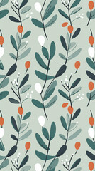 seamless floral pattern cool green and orange colors on mint background