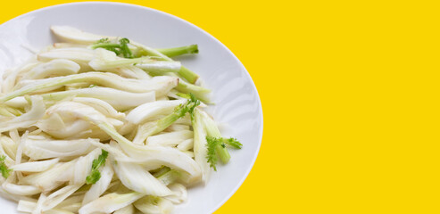 Sliced fresh fennel on white background.