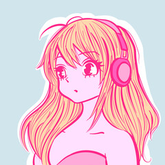 Illustration of a lofi anime girl wearing headphones and listening to music. Vector of a manga japanese doll with pastel colors
