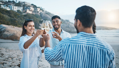 Smile, friends and toast with champagne on beach, having fun and bonding at sunset. Ocean, group...
