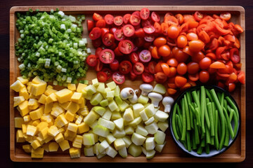 Naklejka na ściany i meble Top-down view of an array of fresh vegetables artfully arranged on a wooden cutting board. Generative AI.