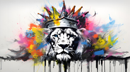 Abstract art lion with crown,  modern style. Watercolor against a white background. Generative AI