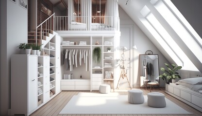 beautiful white wardrobe with large windows in a loft apartment