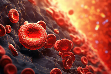 Lot of Red round blood cells under the microscope. Leukocytes defenders of the body in close up zoom. Blood analysis wallpaper for the medical center. Generative AI 3d render illustration imitation.