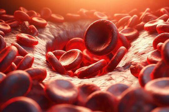 Red round blood cells under the microscope. Leukocytes defenders of body in closeup zoom. Blood analysis wallpaper for the medical center. Generative AI 3d render illustration imitation.