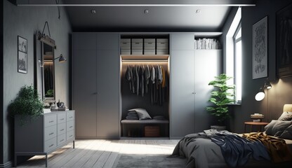 beautiful gray wardrobe with large windows in a loft apartment
