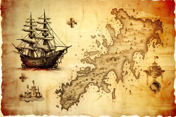 Old antique nautical treasure map on white background Generative AI 