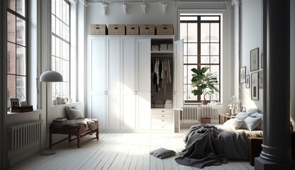 beautiful white wardrobe with large windows in a loft apartment