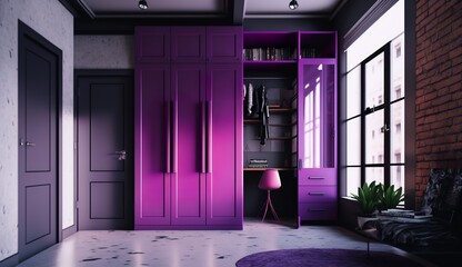 beautiful purple wardrobe with large windows in a loft apartment
