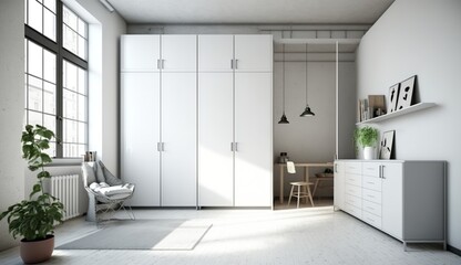 beautiful white wardrobe with large windows in a loft apartment