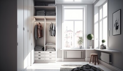 beautiful white wardrobe with large windows in a loft apartment