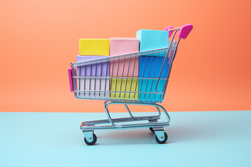 shopping cart promo scene on blue background. generative ai - obrazy, fototapety, plakaty
