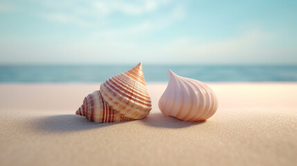 Fototapeta na wymiar two sea shells on the beach rendering minimal background