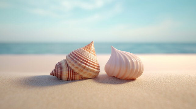 two sea shells on the beach rendering minimal background