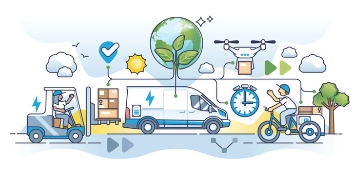 Green logistics and sustainable power usage for transport outline concept. Transportation and delivery with nature friendly and environmental fuel for fast and effective service vector illustration.