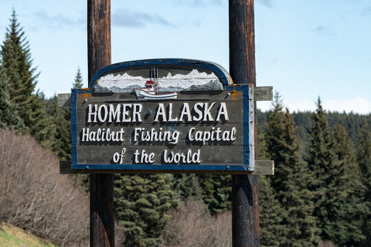 Homer "Halibut Fishing Capital" City entrance sign., Alaska, USA