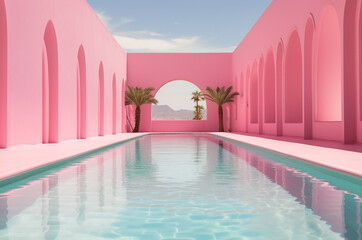 Obraz na płótnie Canvas Pink pool. doll house. Glamor house. pink interior. Generative AI