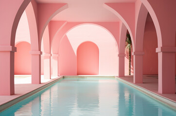 Obraz na płótnie Canvas Pink pool. Glamor house. pink interior. Generative AI
