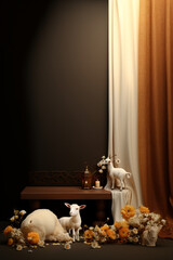 3d minimalist sheep on stage with lantern, flowers, white and brown curtain and black background. eid adha concept