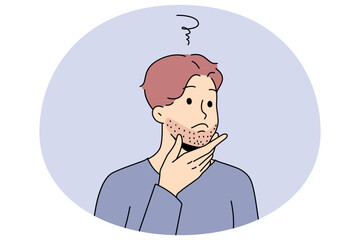 Young man touching beard think of shaving. Guy feel confused about bristle or face hair. Male hygiene and beauty care. Flat vector illustration.