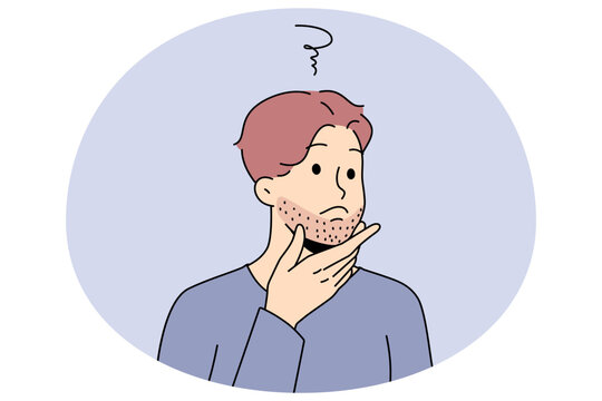 recommend clip art: Young man touching beard think of shaving. Guy feel confused about bristle or face hair. Male hygiene and beauty care. Flat vector illustration.