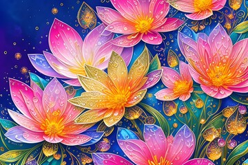 Beautiful fantasy wallpaper. Different botanical flower bunch, motif for floral print digital background. Generative ai
