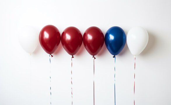 six American Tricolor Balloons red white blue on white wall. america independece day, election concept