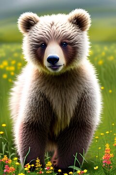A cute adorable baby bear cub generative ai rendered in the style of children-friendly cartoon animation fantasy style.