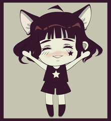 Cute chibi girl with cat ears and short dark hair . Retro style original character. Cat woman