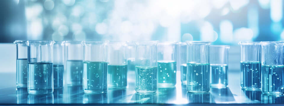 Glass flask with blue colors in research chemistry science banner laboratory background, Generative AI 