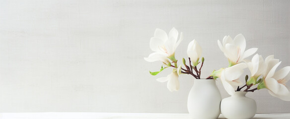 Warm beige marble wall with dry flowers in vase, linen cloth and limestone stones next to on polished stone wall. warm yellow natural background with copy-space