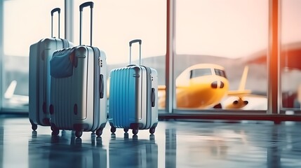 luggage suitcases at the airport wide banner with copy space area for vacations and holiday travel concepts - Generative AI