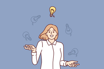 Business woman with lot of new ideas juggles light bulbs choosing best option to complete task assigned by manager. Smart girl with good ideas to launch own startup or move up career ladder