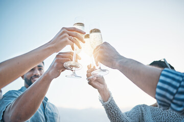 Happy, friends and hands toast with champagne, having fun and bonding at sunset. Smile, group and people cheers with wine glass, alcohol and drink for celebration on holiday, summer party and mockup. - obrazy, fototapety, plakaty