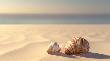 Fototapeta na wymiar two sea shells on the beach rendering minimal background