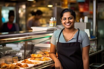 Dynamic and Vibrant Small Business Female Owner at Modern Fast Food Counter. Generative AI.